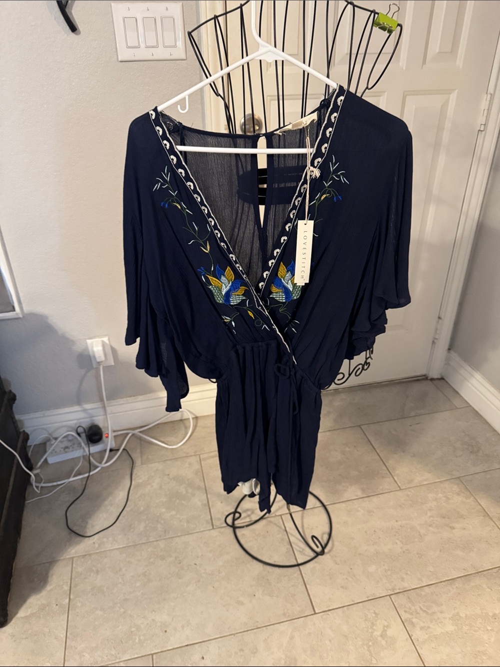 lovestitch Navy Embroidered Wrap romper